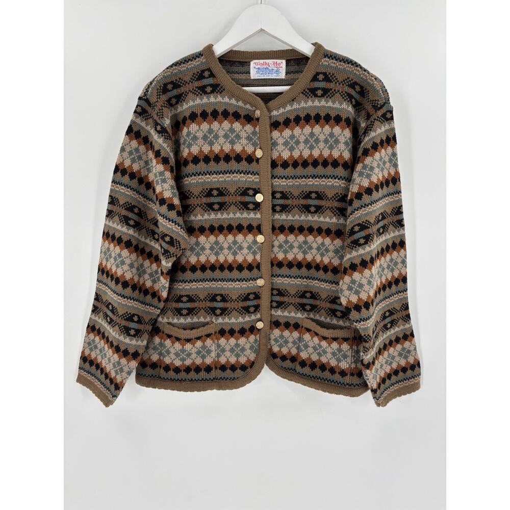 Vintage Tally Ho Cardigan Sweater Womens Medium Brown Striped Fair Isle Button